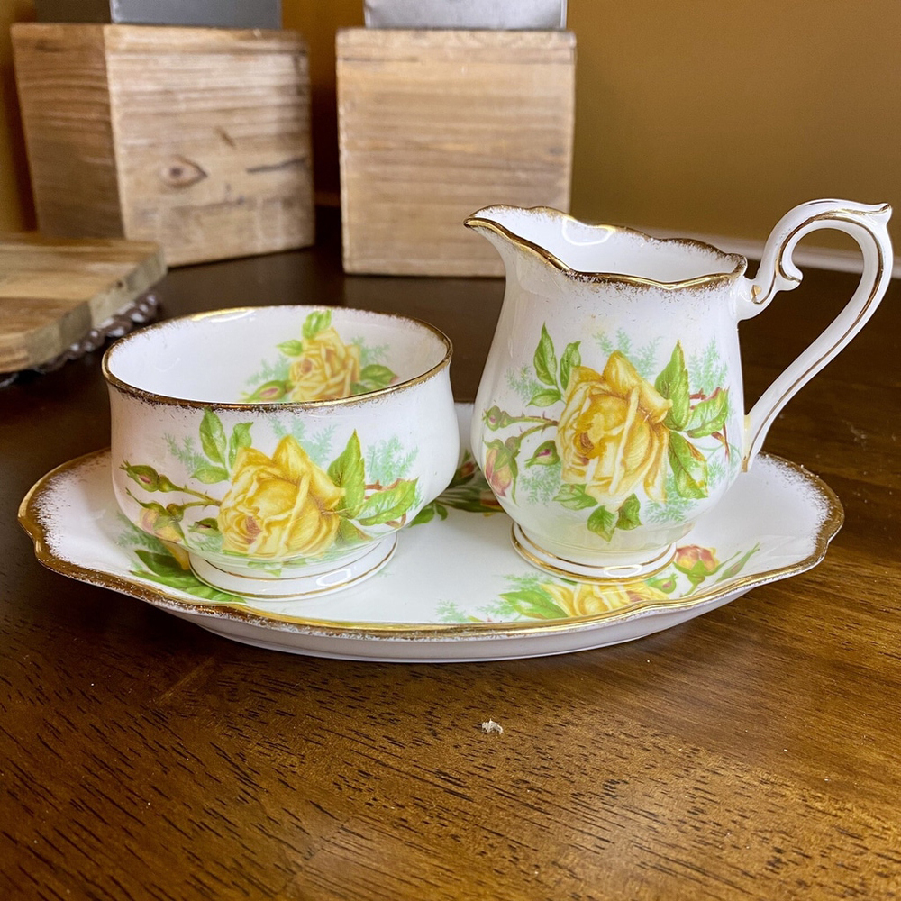 Royal Albert Tea Rose Small Creamer Sugar Bowl Tray Set Bone China England 3pcs
